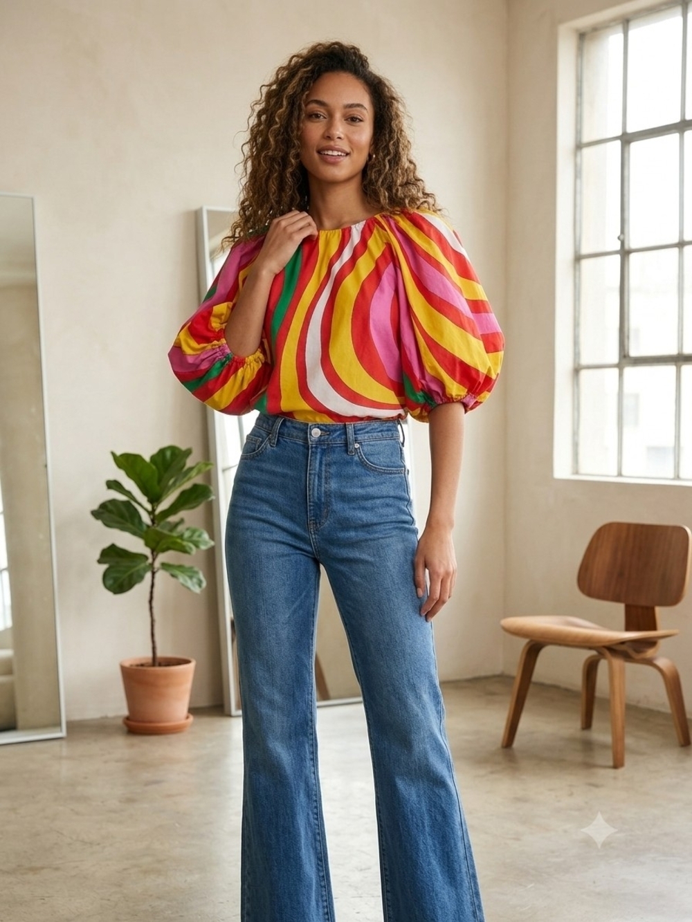 RHODE Multicolor Swirl Puff-Sleeve Top — Pink, Yellow, Red, Green